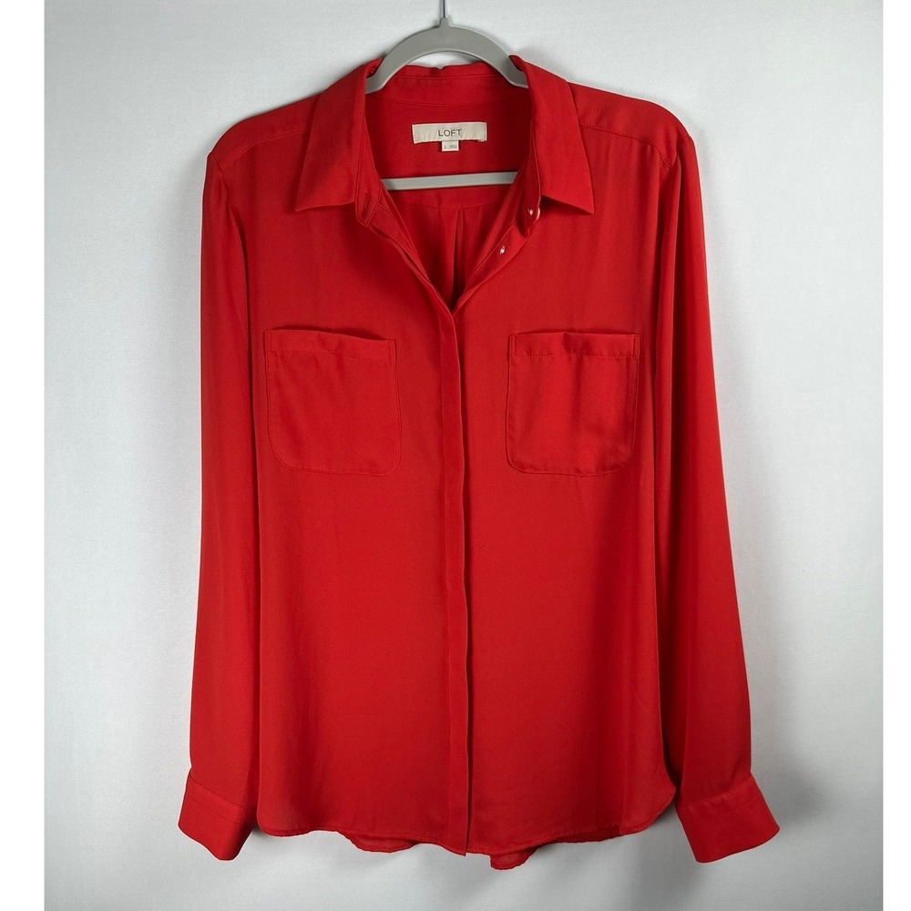 LOFT Blouse Women's L Orange Red Button Up Long Sleeve Career Office Classic